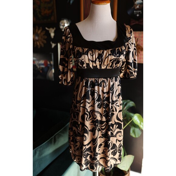 Miss Bisou Y2K Midi Dress Babydoll Floral Satin Geometric Groovy Square Neck S - Picture 1 of 12